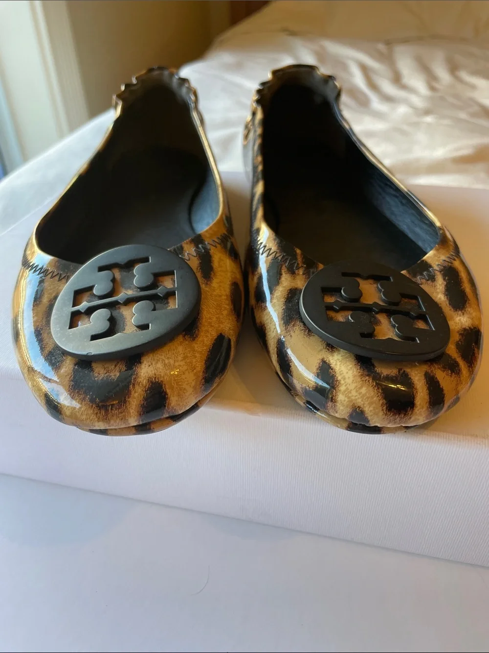 Tory Burch Leopard-Print Reva Ballet Flats - Black & Brown Patent Leather Sz 8